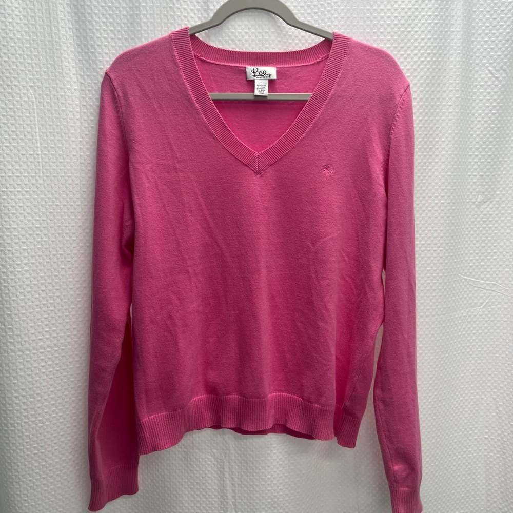 Lilly Pulitzer Womens Pink V-Neck Cotton Blend Palm Tree Logo Sweater Large